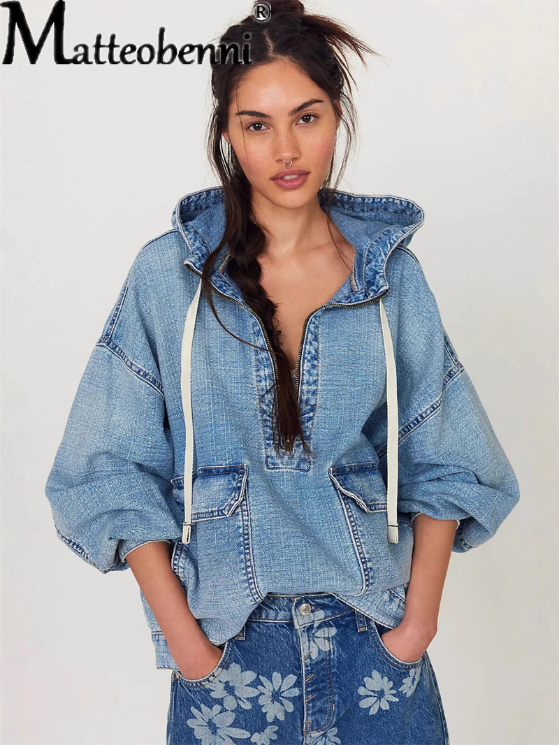 Vintage Fashion Drawings - Fashion Casual Washed Denim Drawstring Hoodies