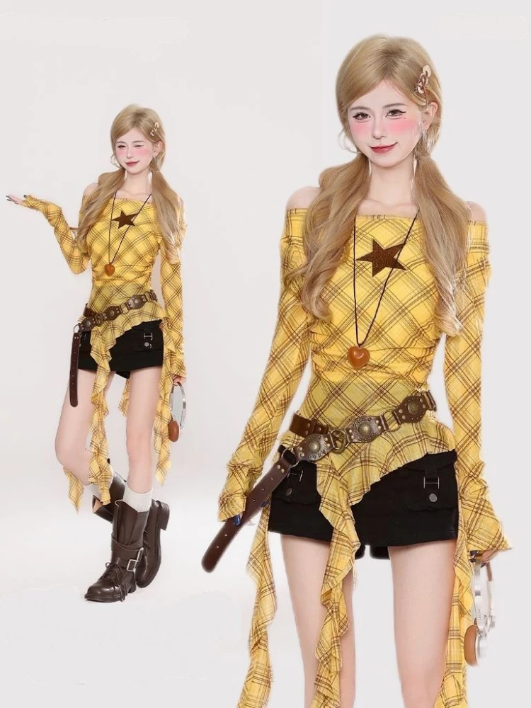 Y2K Plaid Slash Neck Vintage T - огляд і ціна Vintage Women Fashion