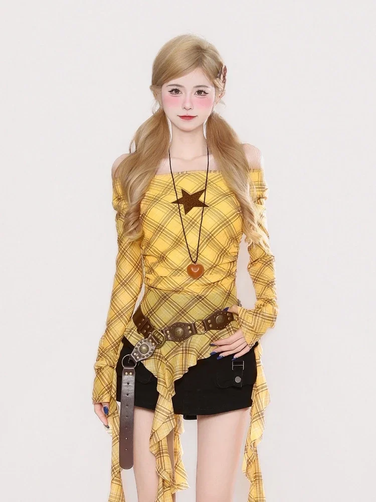 Y2K Plaid Slash Neck Vintage T - огляд і ціна Vintage Women Fashion