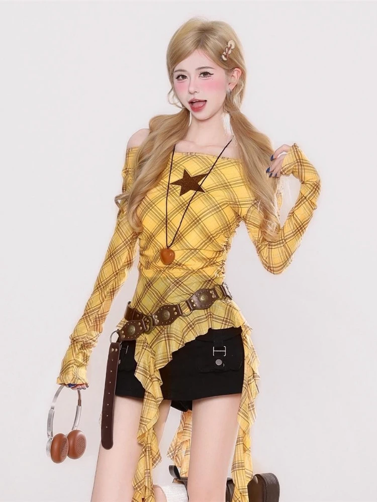 Y2K Plaid Slash Neck Vintage T - огляд і ціна Vintage Women Fashion
